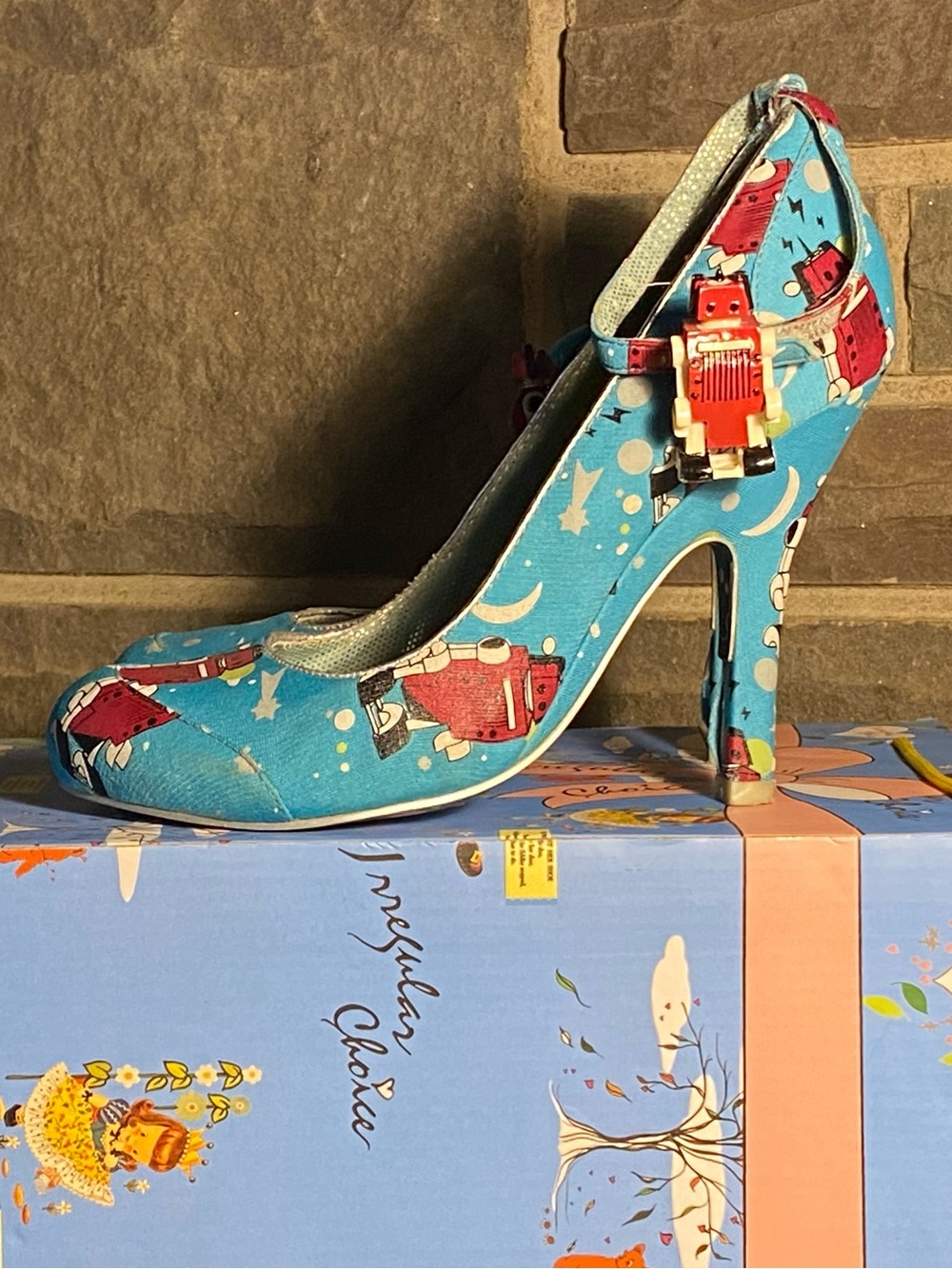 Irregular Choice pumps,sky blue w/red robot print,buckle,matching earrings,box 7